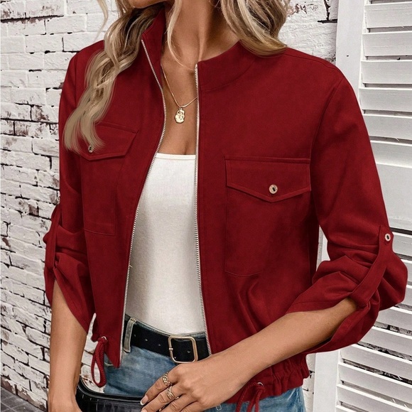 Flap Pocket Roll Tab Sleeve Drawstring Hem Zip Up Jacket black - Picture 2 of 4